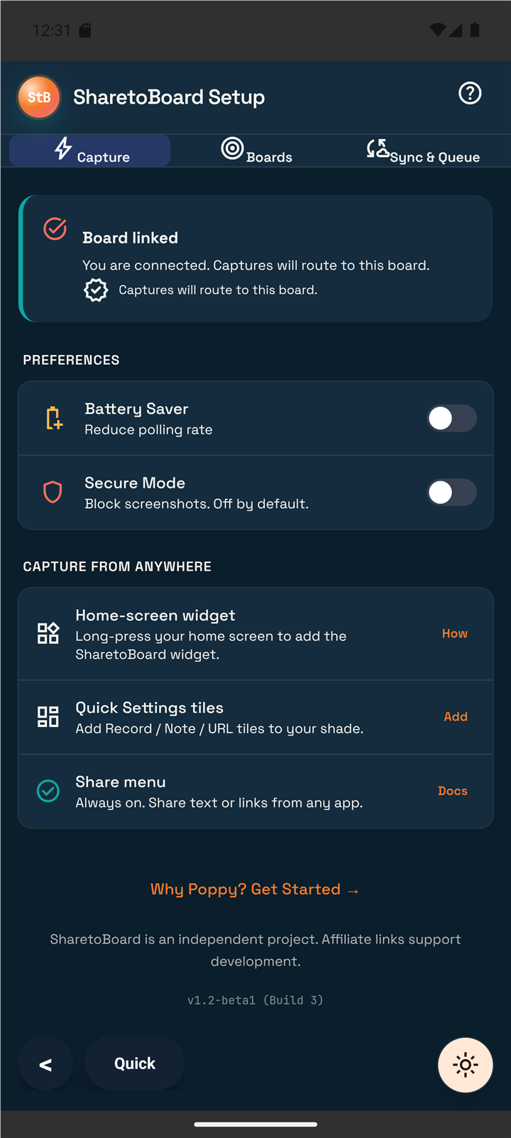 SharetoBoard setup screen showing Android capture preferences
