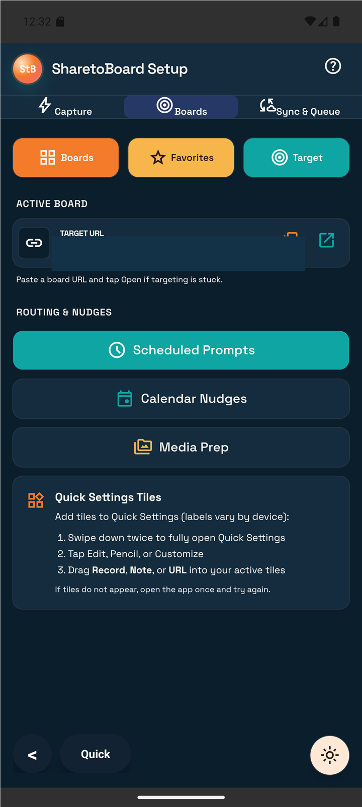 SharetoBoard board setup screen with the private board URL redacted