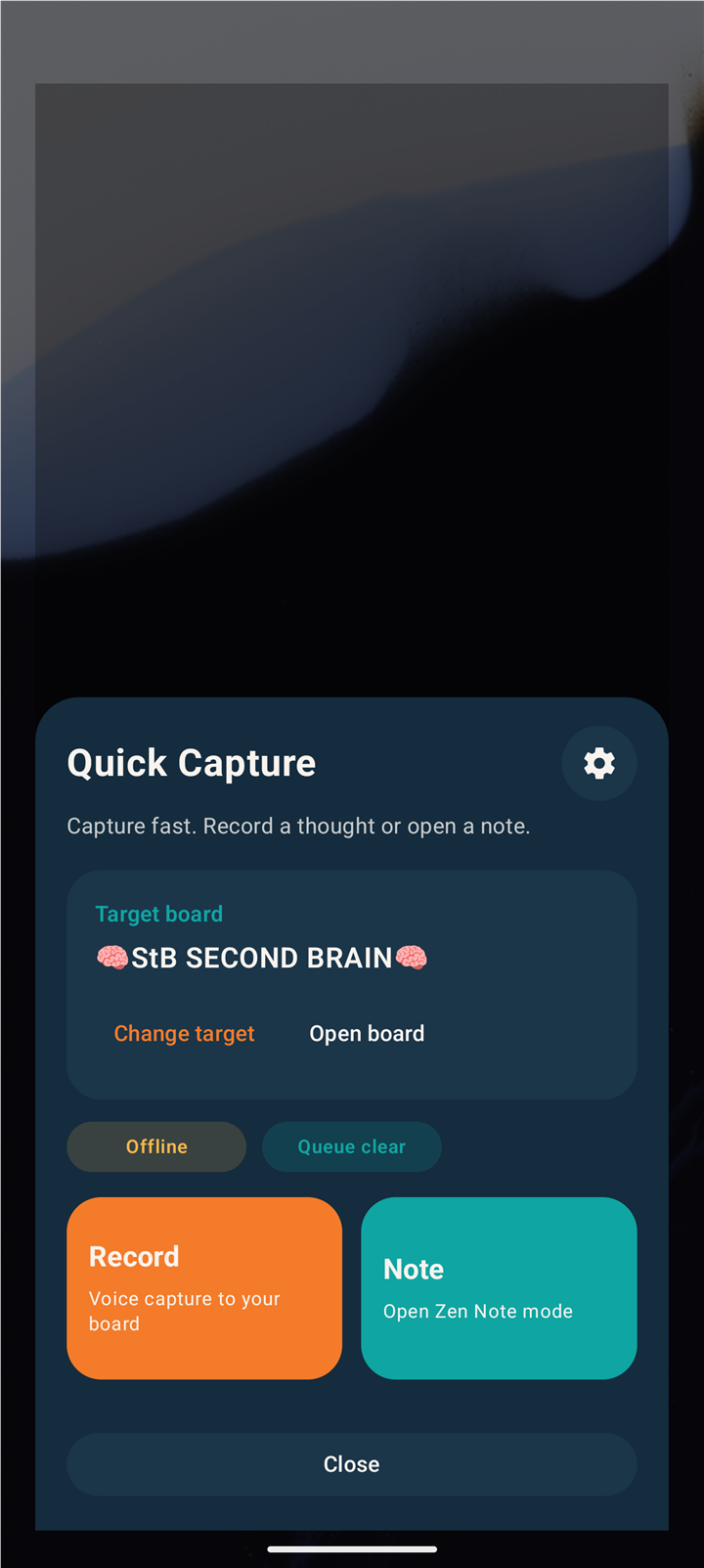 SharetoBoard Quick Capture screen with Record and Note actions